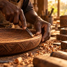Hands shaping the rim of a carved wooden tray with a small chisel
