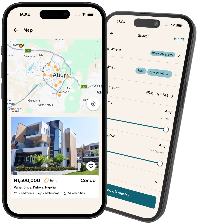 Two Yard app screens: a map of listings around Abuja and the search filters